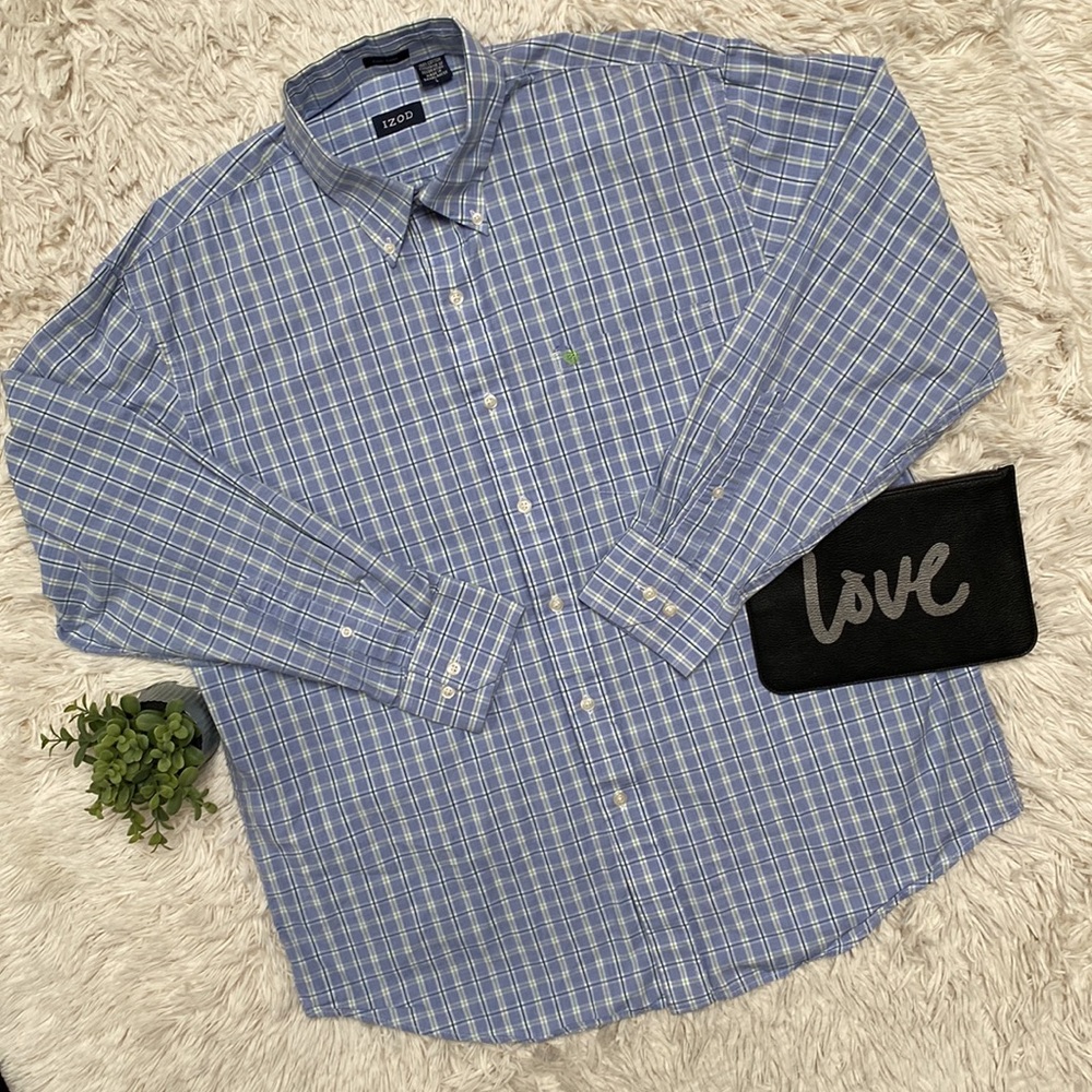 🎉2X HP🎉 Izod Button Down Easy Care Shirt 💗 Blue Green & White